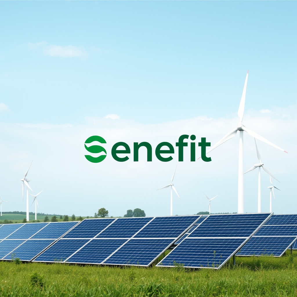 Moderni saules paneļi un vēja turbīnas zaļā ainավā ar Enefit logo, simbolizējot atjaunojamās enerģijas attīstību Baltijas valstīs