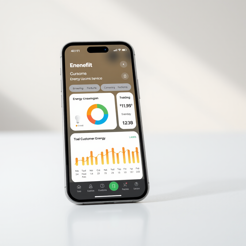 Moderna mobilā lietotne ar Enefit saskarni, rādot enerģijas patēriņa grafikus un digitālos rīkus klientu apkalpošanai